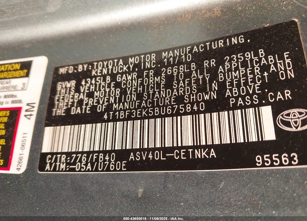 2011 TOYOTA CAMRY LE VIN: 4T1BF3EK5BU675840