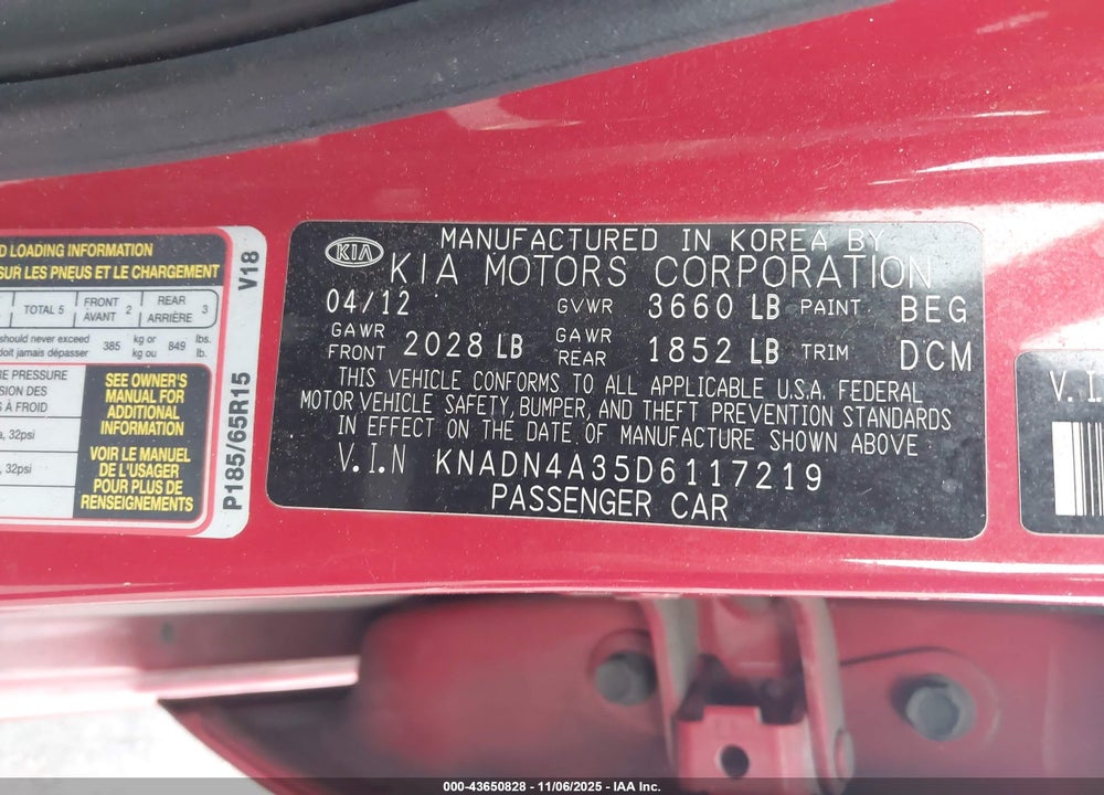 2013 KIA RIO EX VIN: KNADN4A35D6117219