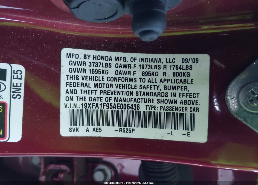 2010 HONDA CIVIC VIN: 19XFA1F95AE006436