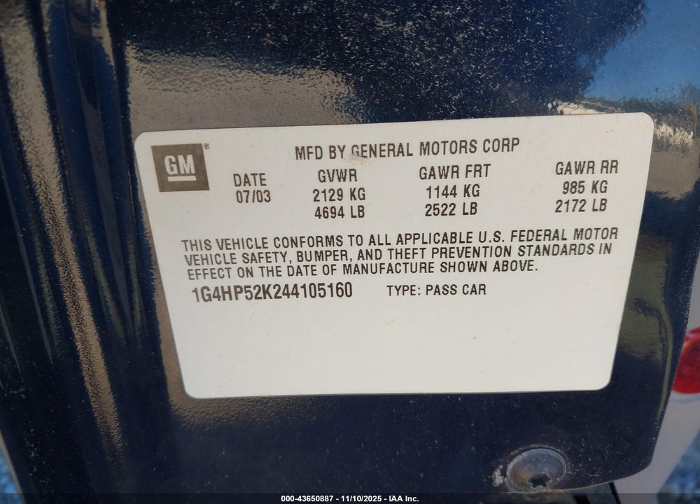 2004 BUICK LESABRE CUSTOM VIN: 1G4HP52K244105160