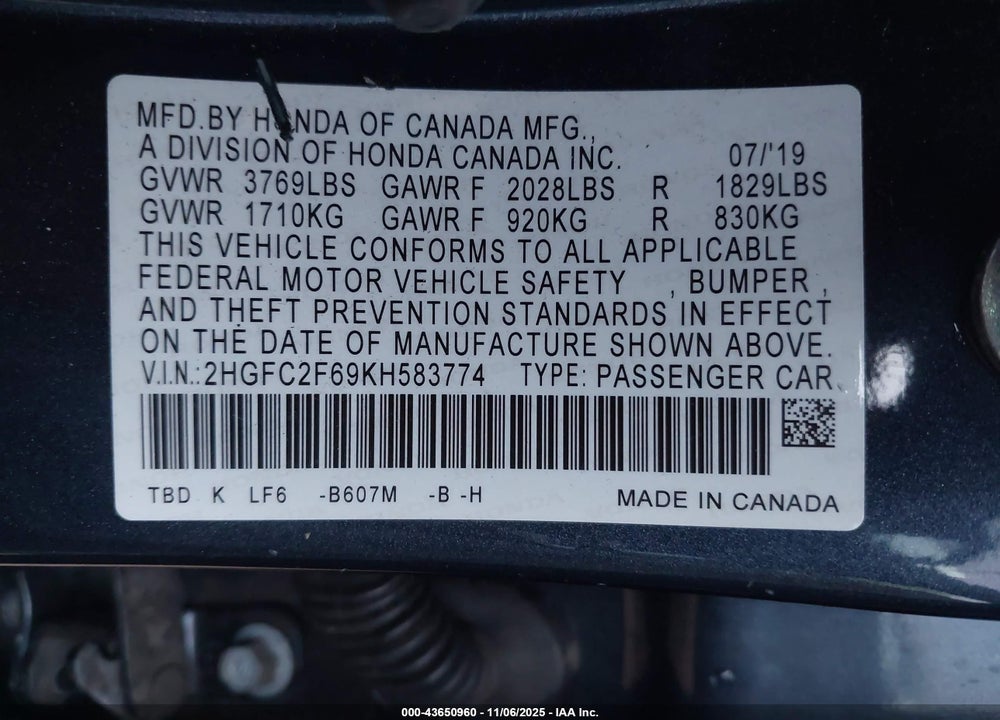 2019 HONDA CIVIC LX VIN: 2HGFC2F69KH583774