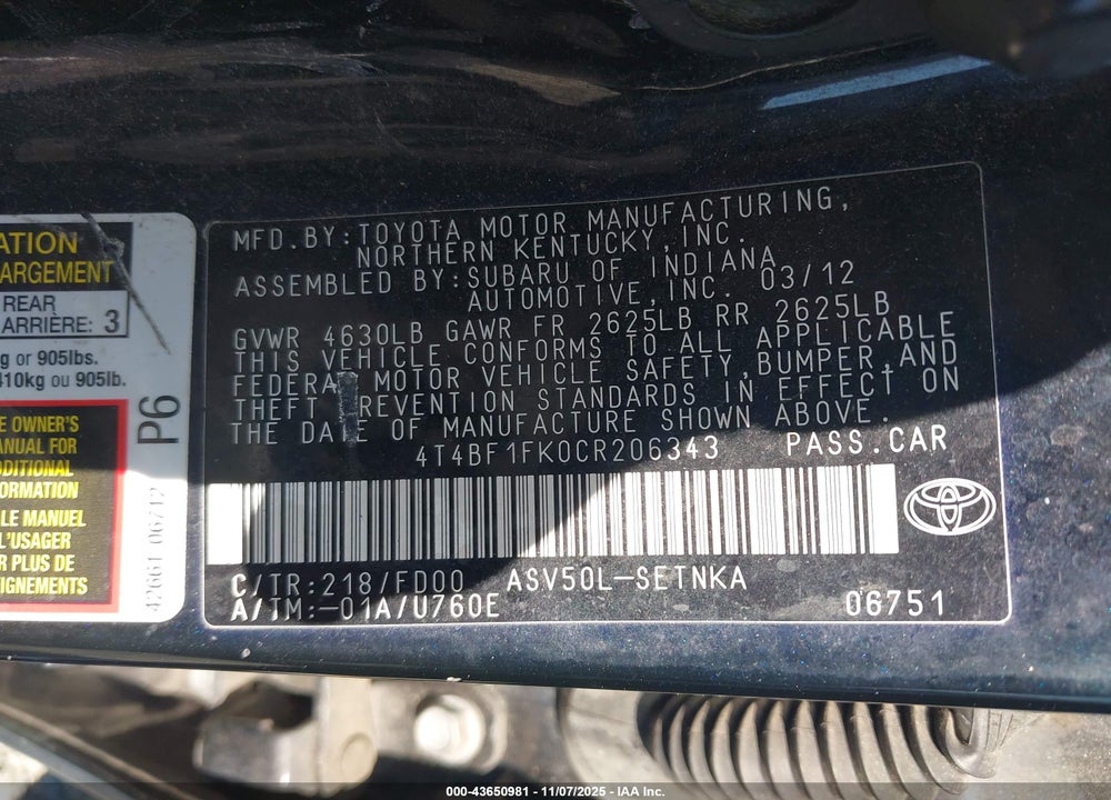 2012 TOYOTA CAMRY LE VIN: 4T4BF1FK0CR206343