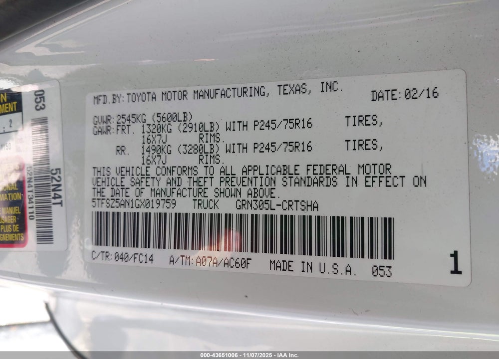 2016 TOYOTA TACOMA SR5 V6 VIN: 5TFSZ5AN1GX019759