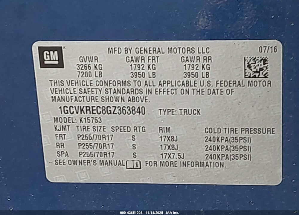 2016 CHEVROLET SILVERADO 1500 1LT VIN: 1GCVKREC8GZ363840