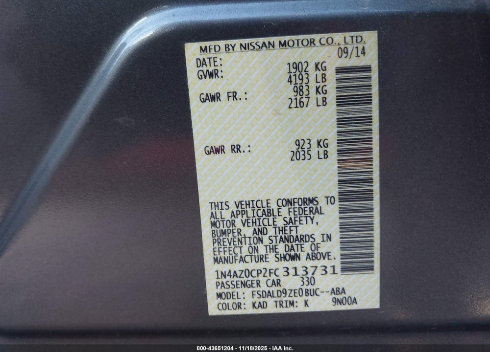 2015 NISSAN LEAF SV VIN: 1N4AZ0CP2FC313731