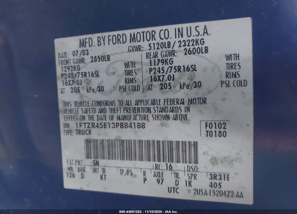 2003 FORD RANGER EDGE/XLT VIN: 1FTZR45E13PB84188