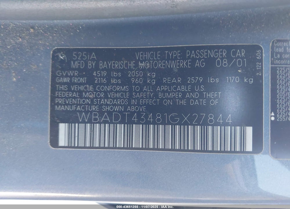 2001 BMW 525IA VIN: WBADT43481GX27844