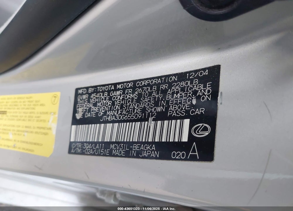 2005 LEXUS ES 330 VIN: JTHBA30G655091112