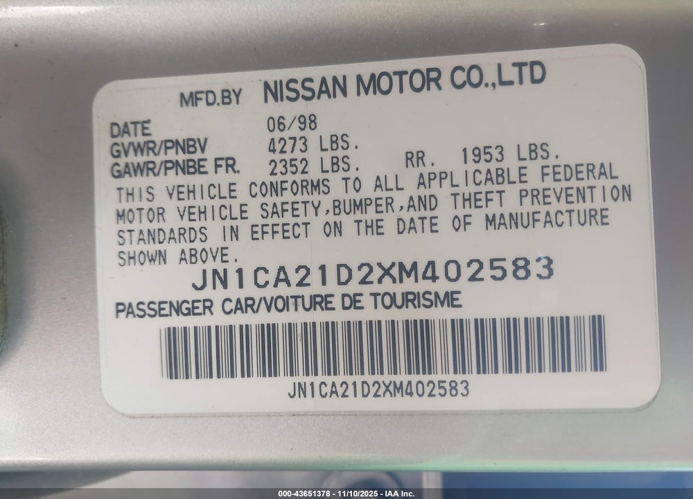 1999 NISSAN MAXIMA GLE/GXE/SE/SE-L VIN: JN1CA21D2XM402583