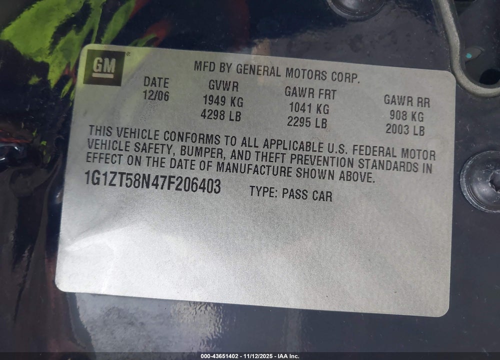 2007 CHEVROLET MALIBU LT VIN: 1G1ZT58N47F206403