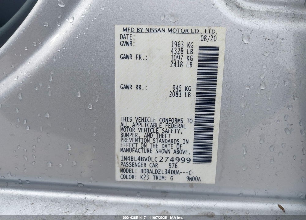 2020 NISSAN ALTIMA S FWD VIN: 1N4BL4BV0LC274999