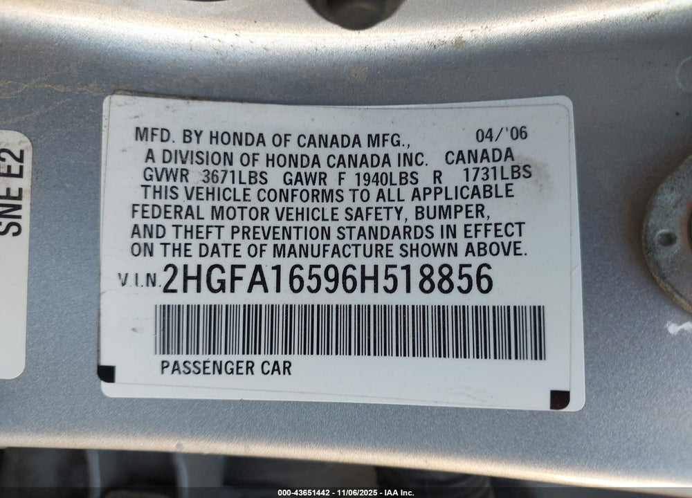 2006 HONDA CIVIC LX VIN: 2HGFA16596H518856
