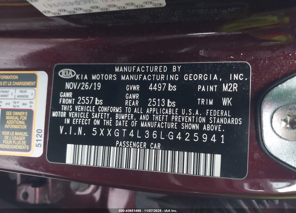 2020 KIA OPTIMA LX VIN: 5XXGT4L36LG425941