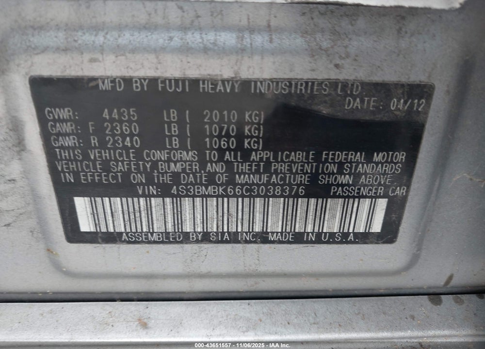 2012 SUBARU LEGACY 2.5I LIMITED VIN: 4S3BMBK66C3038376