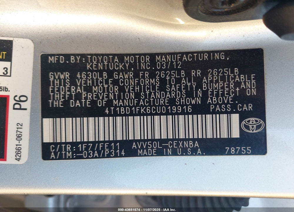 2012 TOYOTA CAMRY HYBRID VIN: 4T1BD1FK6CU019916