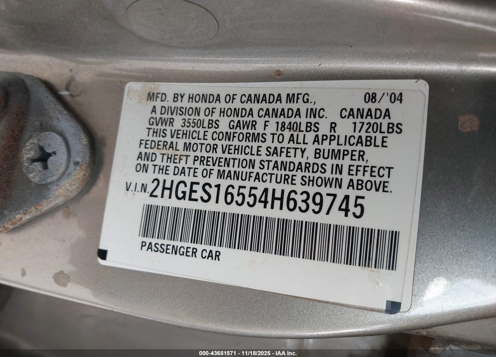 2004 HONDA CIVIC LX VIN: 2HGES16554H639745