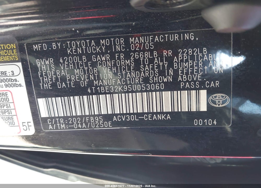 2005 TOYOTA CAMRY LE VIN: 4T1BE32K95U053060