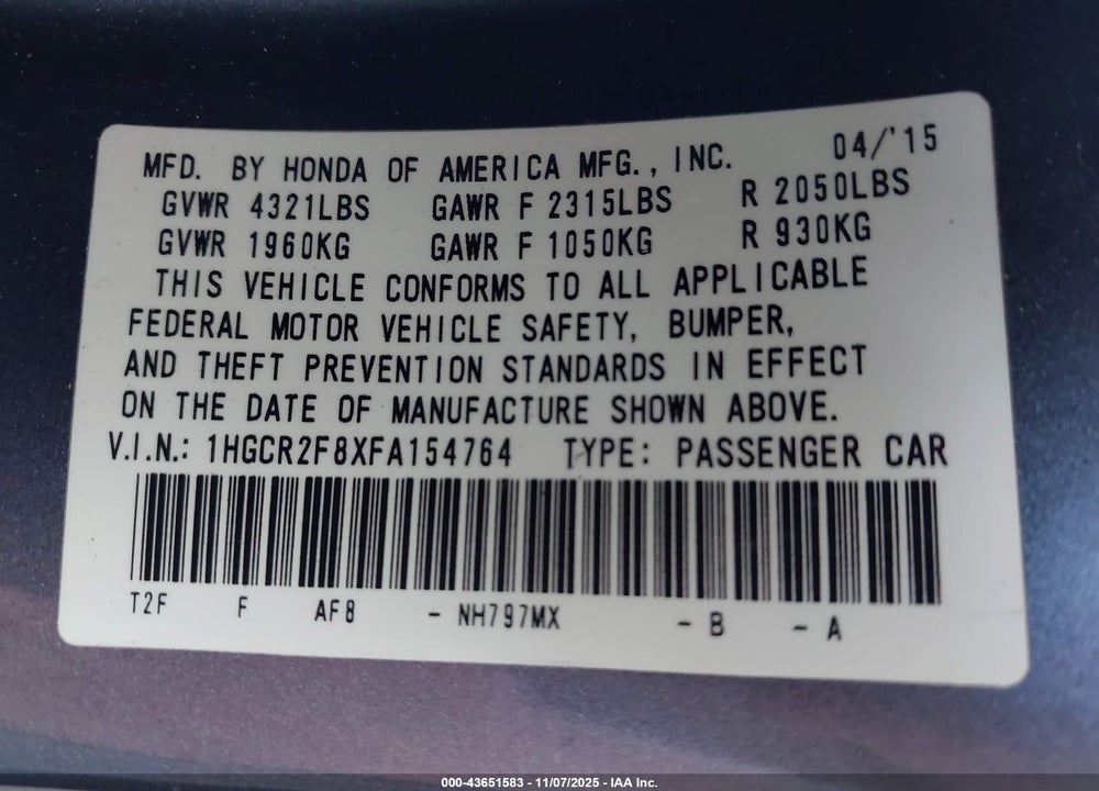 2015 HONDA ACCORD EX-L VIN: 1HGCR2F8XFA154764