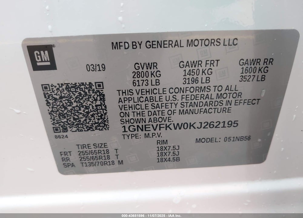 2019 CHEVROLET TRAVERSE LS VIN: 1GNEVFKW0KJ262195