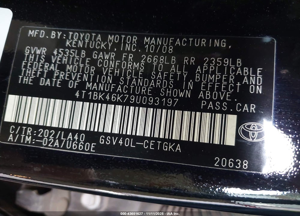 2009 TOYOTA CAMRY VIN: 4T1BK46K79U093197