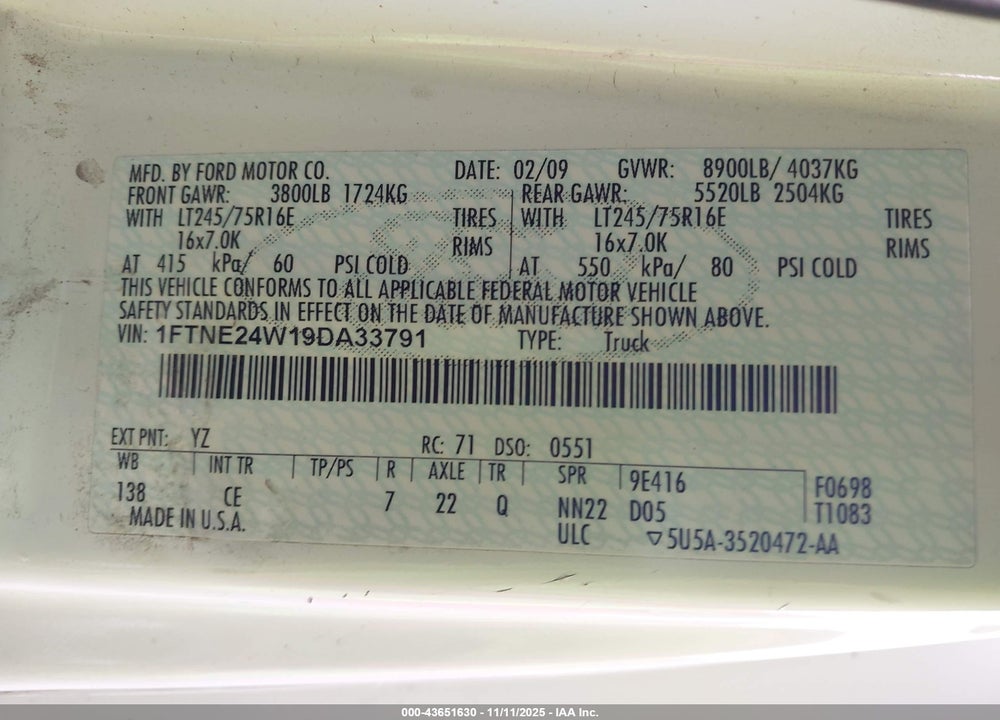 2009 FORD E-250 COMMERCIAL/RECREATIONAL VIN: 1FTNE24W19DA33791