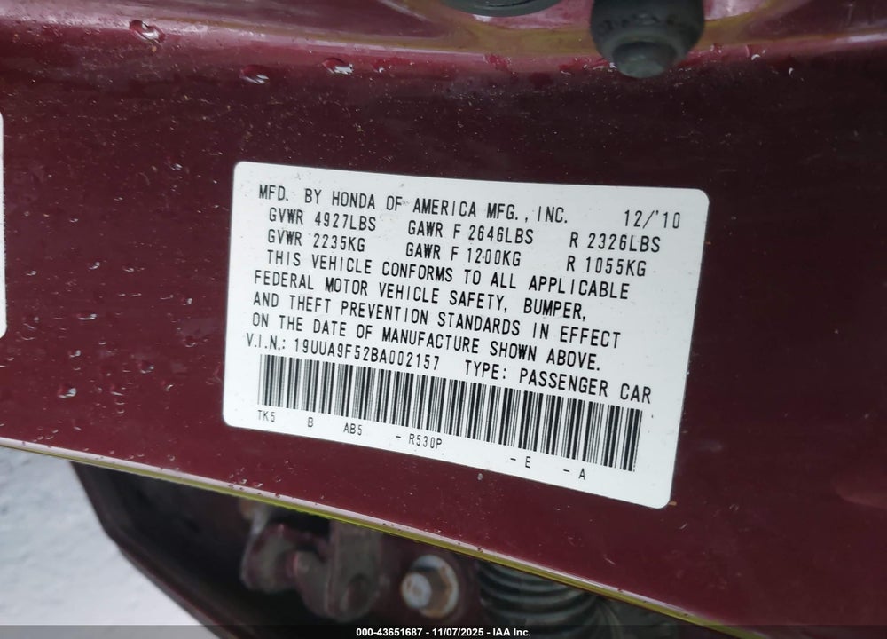 2011 ACURA TL VIN: 19UUA9F52BA002157