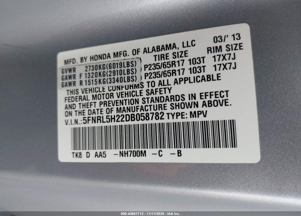 2013 HONDA ODYSSEY LX VIN: 5FNRL5H22DB058782