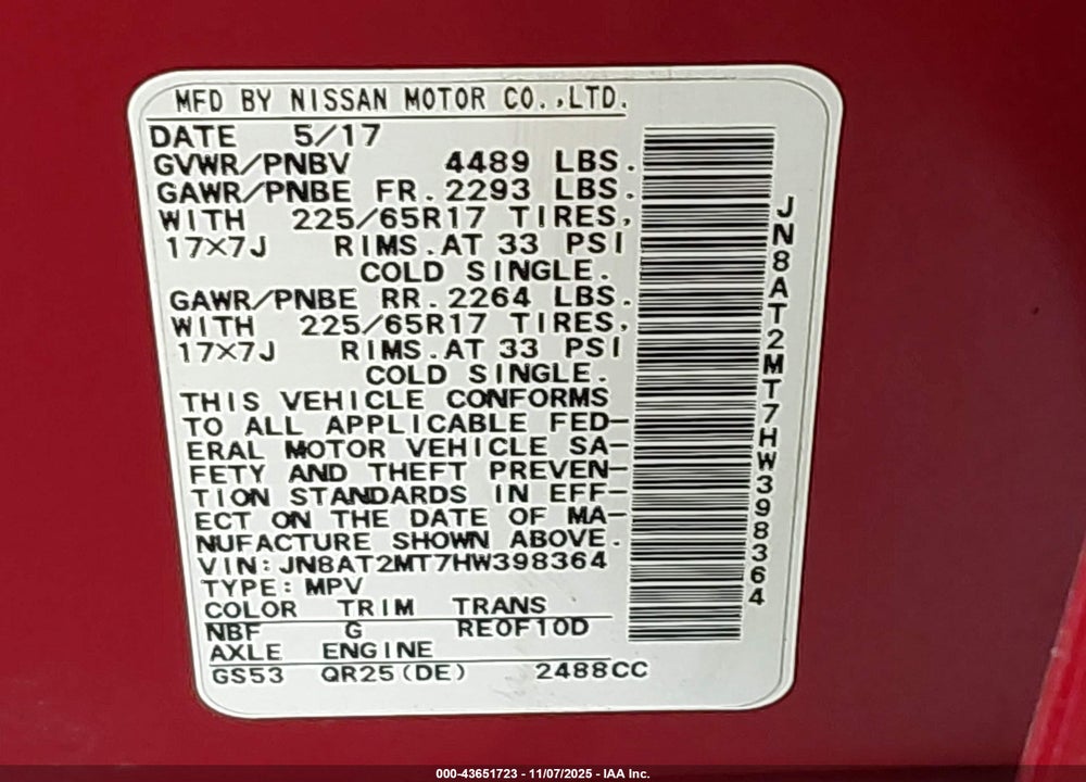 2017 NISSAN ROGUE S VIN: JN8AT2MT7HW398364