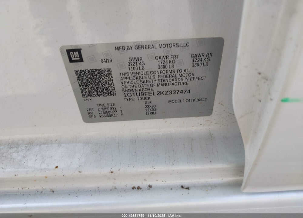 2019 GMC SIERRA 1500 VIN: 1GTU9FEL2KZ337474