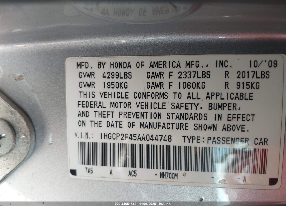 2010 HONDA ACCORD 2.4 LX-P VIN: 1HGCP2F45AA044748