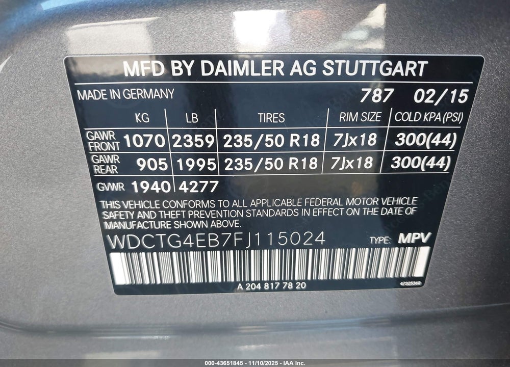 2015 MERCEDES-BENZ GLA 250 VIN: WDCTG4EB7FJ115024