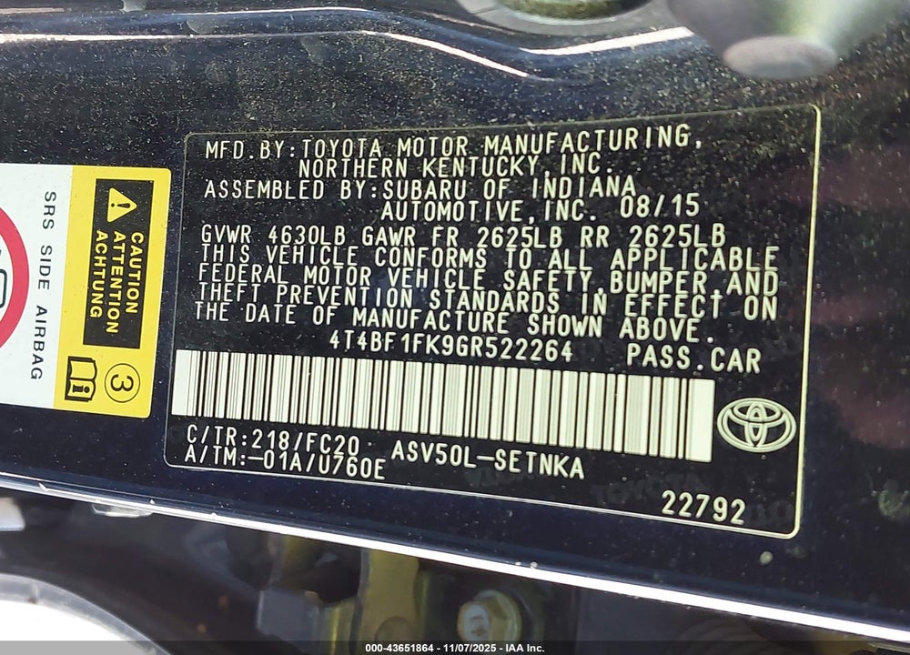 2016 TOYOTA CAMRY VIN: 4T4BF1FK9GR522264