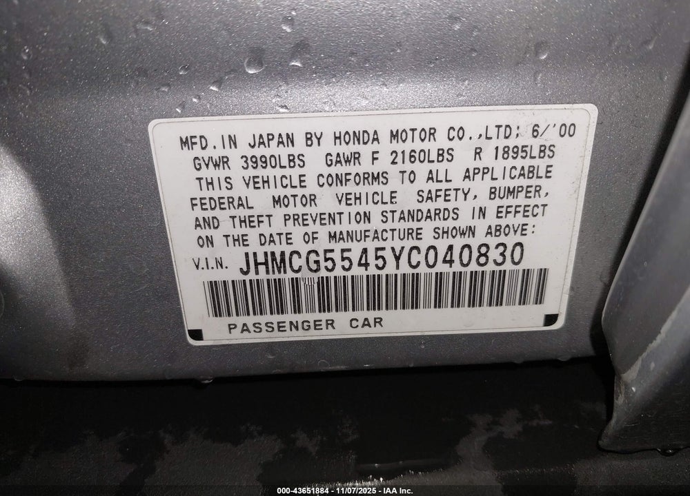 2000 HONDA ACCORD 2.3 LX VIN: JHMCG5545YC040830