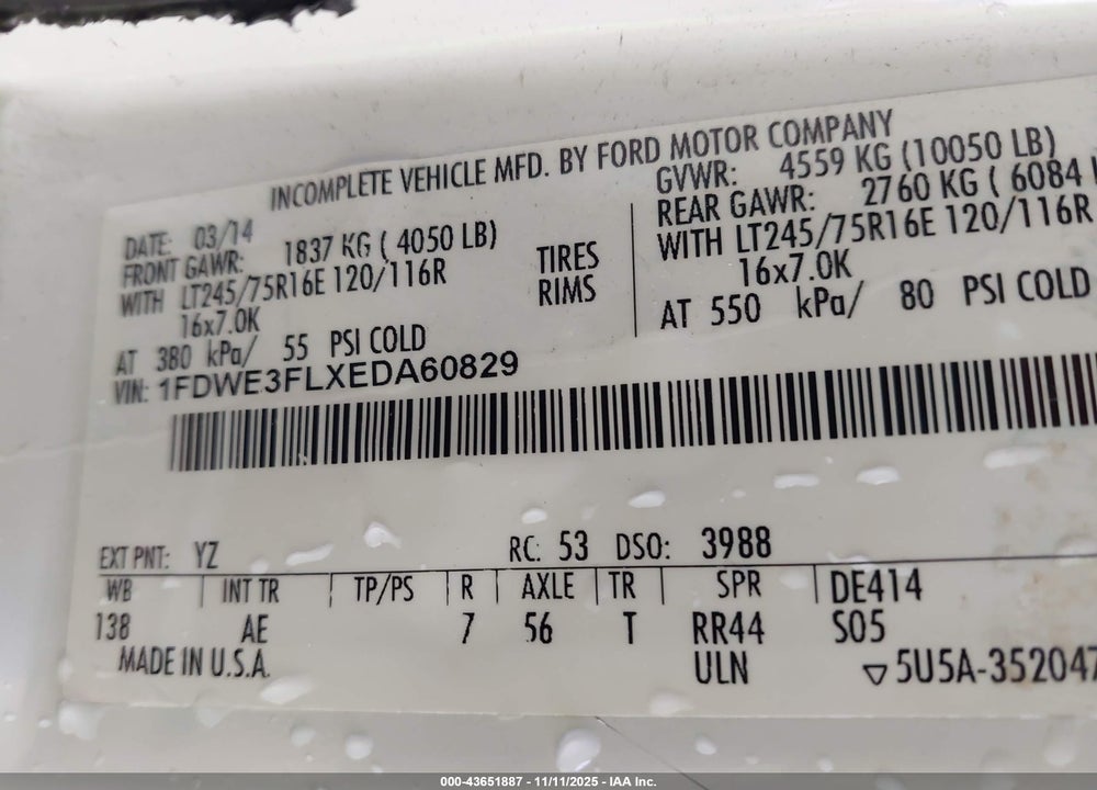 2014 FORD E-350 CUTAWAY VIN: 1FDWE3FLXEDA60829