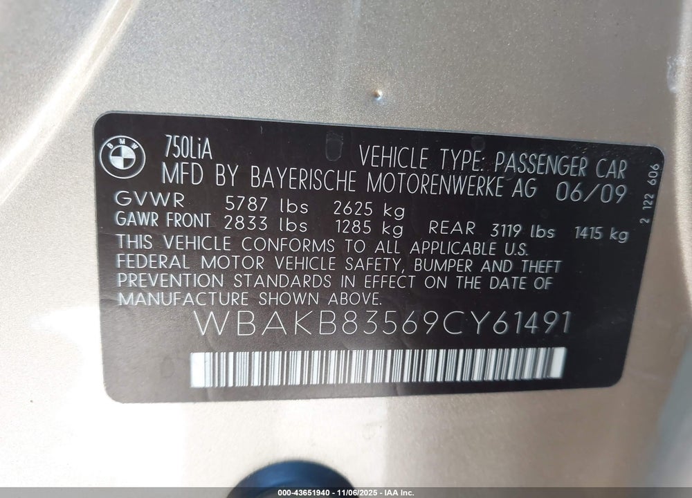 2009 BMW 750LI VIN: WBAKB83569CY61491