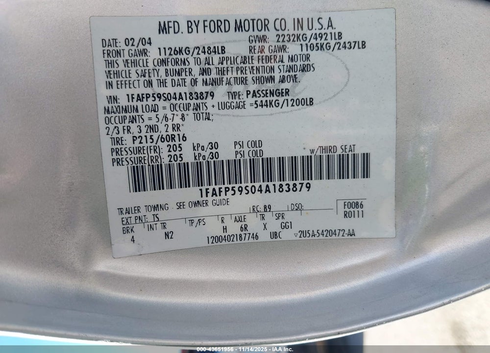 2004 FORD TAURUS SEL VIN: 1FAFP59S04A183879