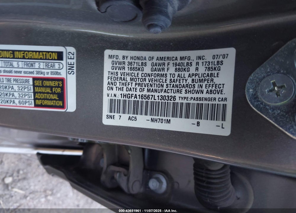 2007 HONDA CIVIC LX VIN: 1HGFA16567L130326