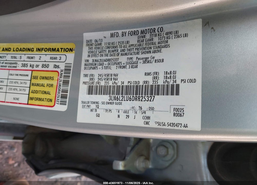 2013 LINCOLN MKZ VIN: 3LN6L2LU6DR825327