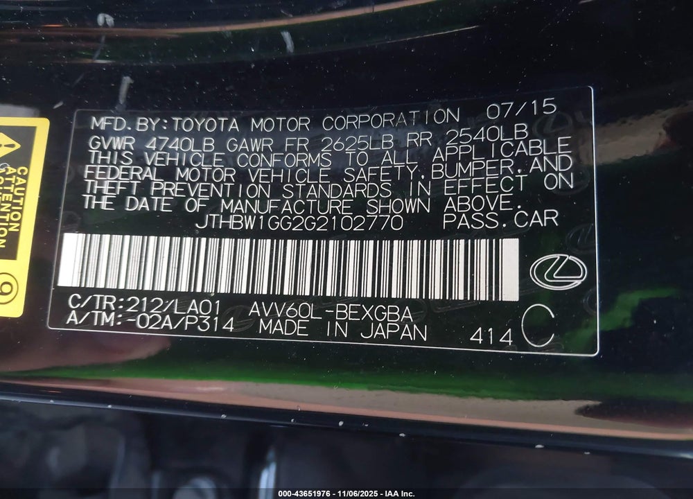 2016 LEXUS ES 300H VIN: JTHBW1GG2G2102770