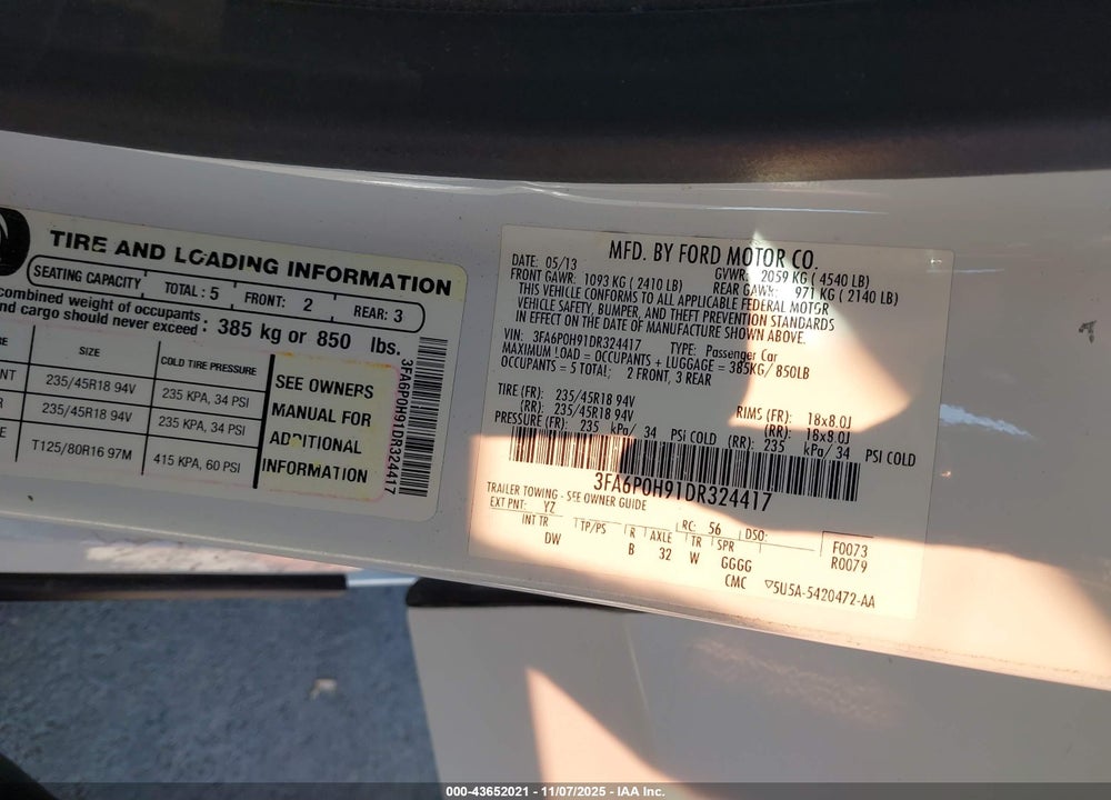 2013 FORD FUSION SE VIN: 3FA6P0H91DR324417