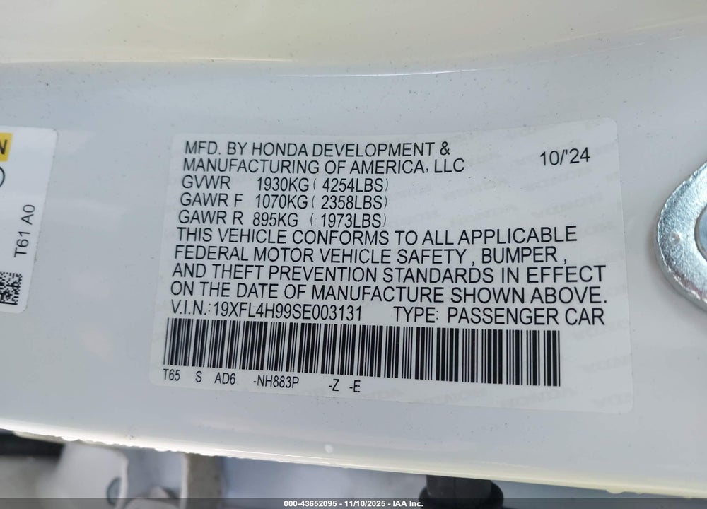 2025 HONDA CIVIC  HYBRID SPORT TOURING VIN: 19XFL4H99SE003131