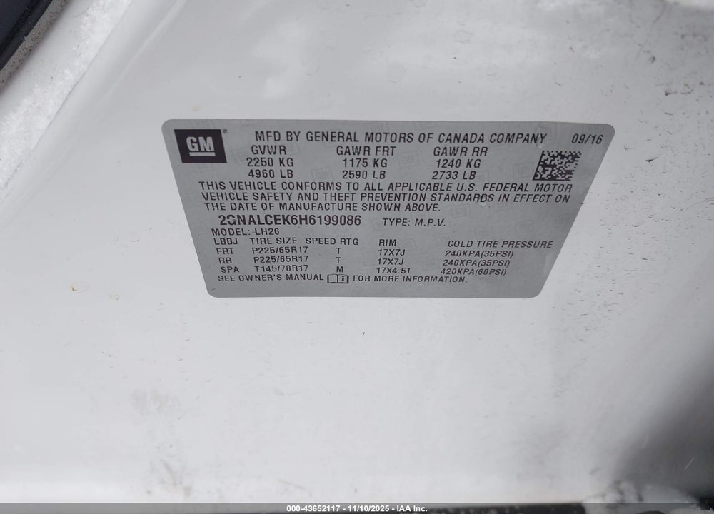 2017 CHEVROLET EQUINOX LT VIN: 2GNALCEK6H6199086