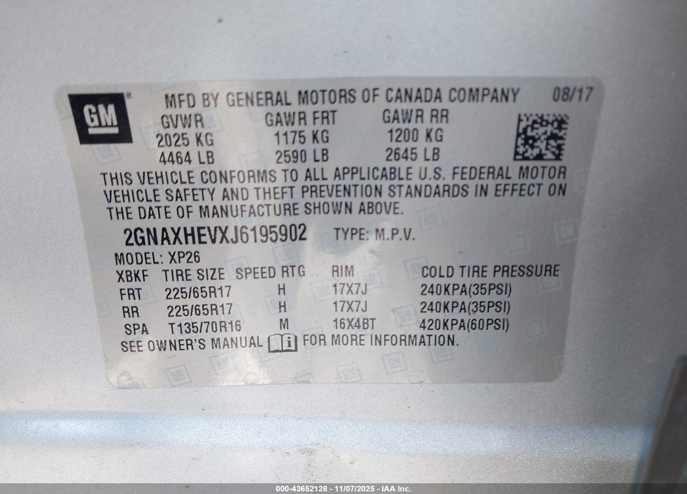 2018 CHEVROLET EQUINOX LS VIN: 2GNAXHEVXJ6195902