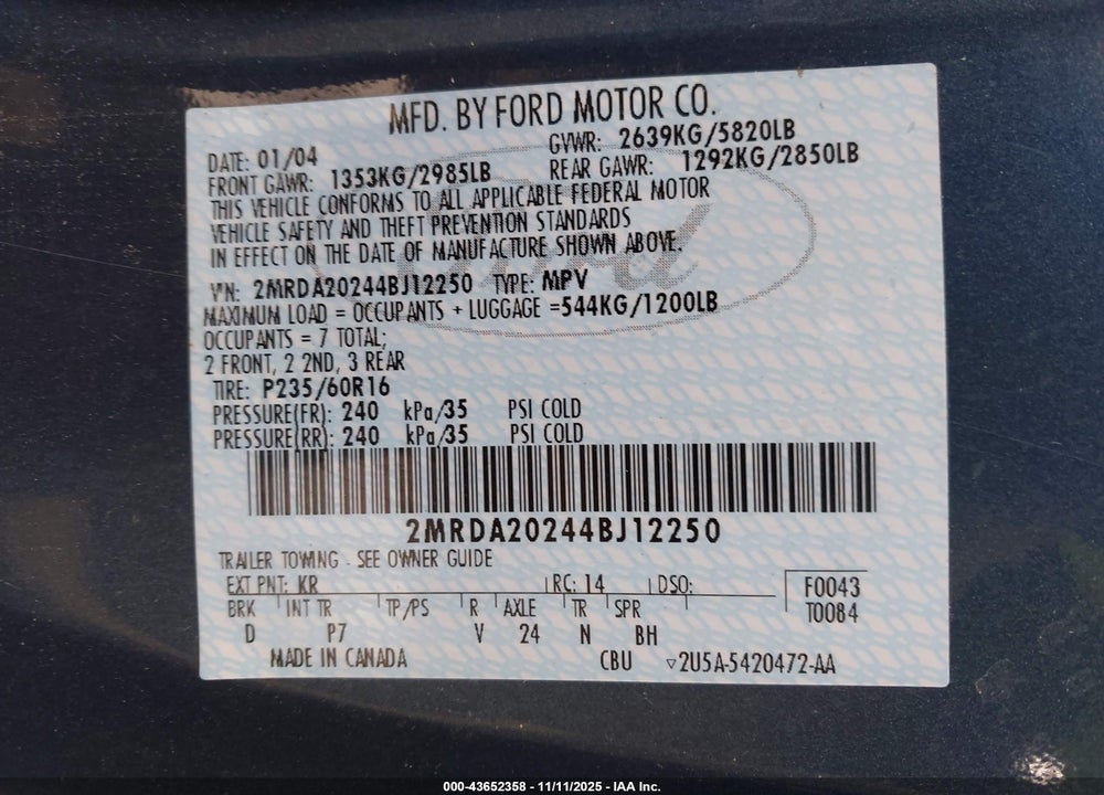 2004 MERCURY MONTEREY VIN: 2MRDA20244BJ12250