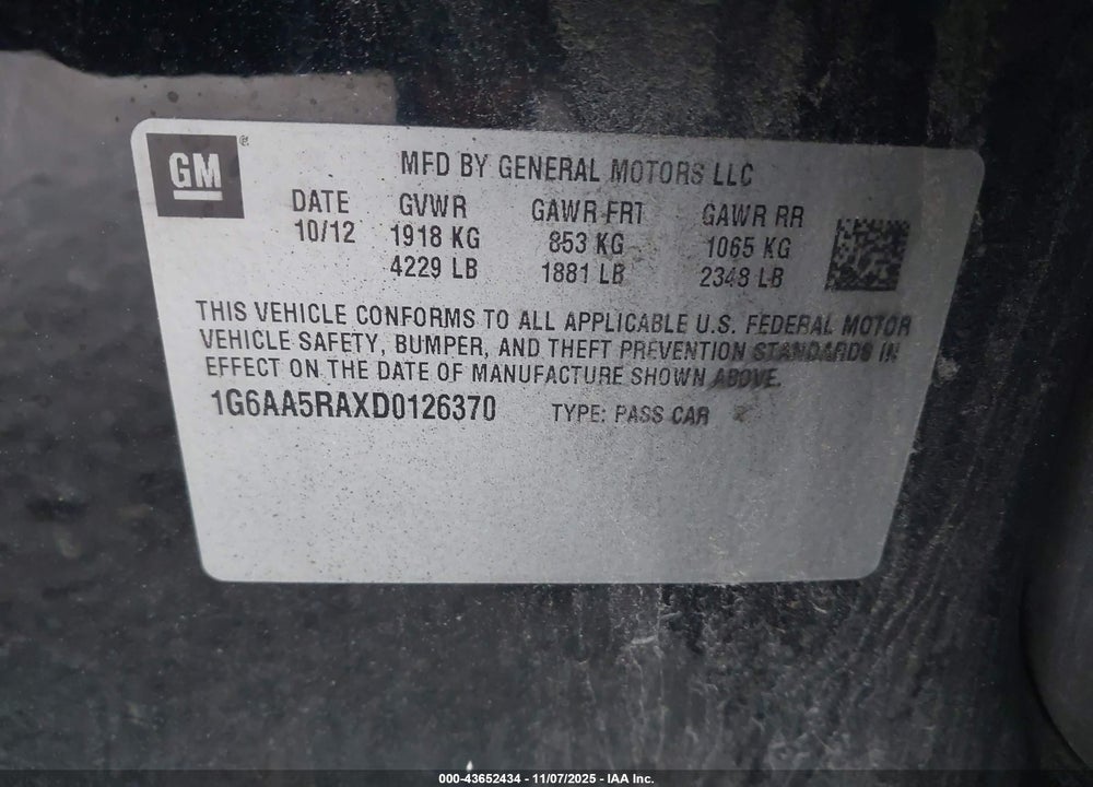 2013 CADILLAC ATS STANDARD VIN: 1G6AA5RAXD0126370