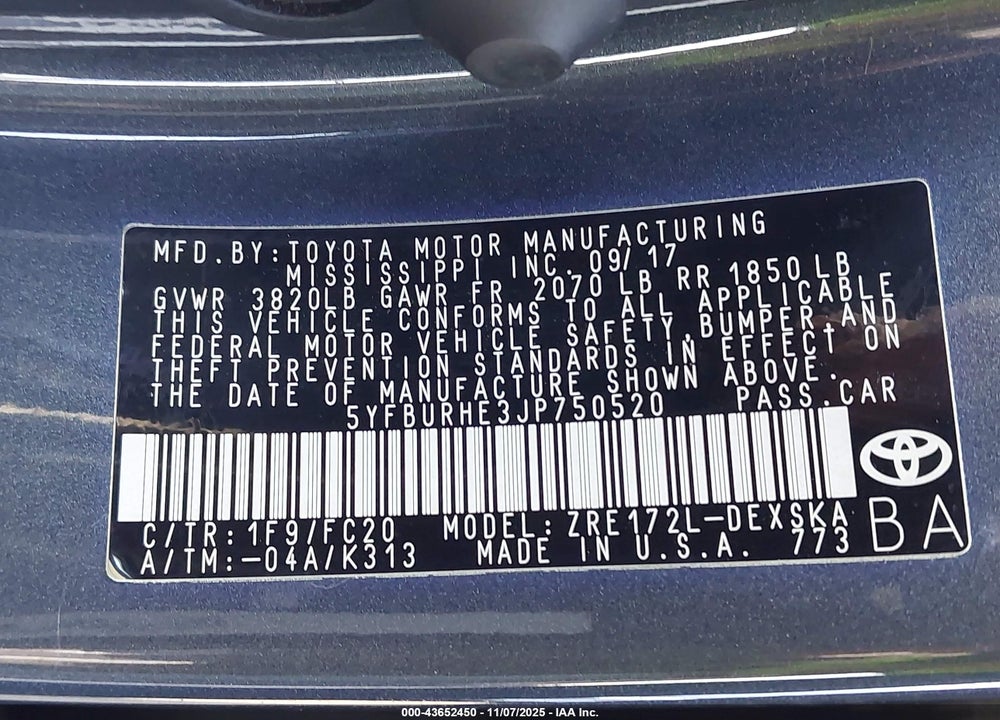 2018 TOYOTA COROLLA SE VIN: 5YFBURHE3JP750520
