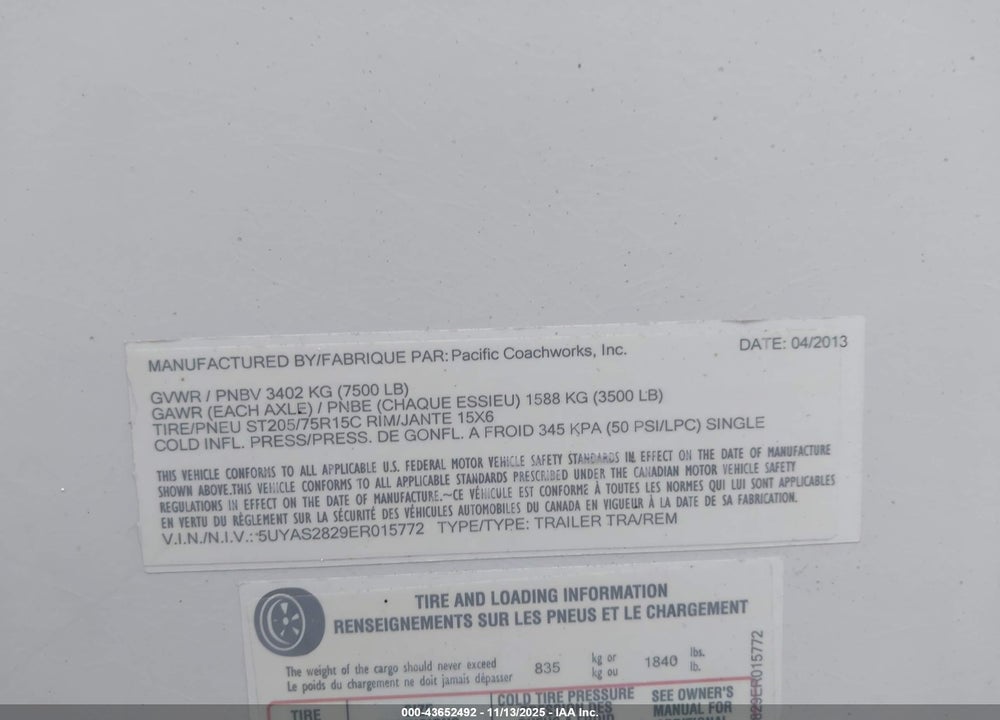 2014 PACIFIC COACH WORKS OTHER VIN: 5UYAS2829ER015772