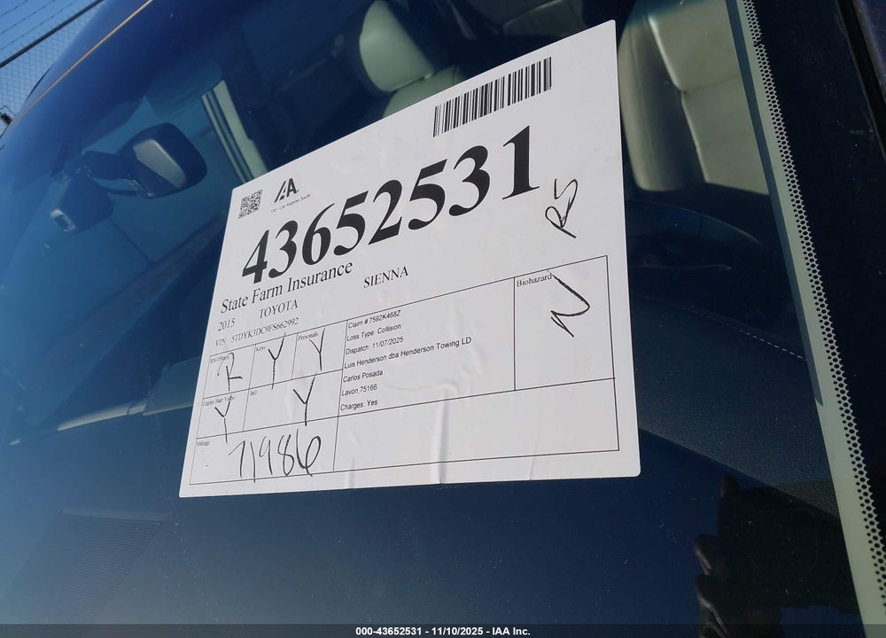 2015 TOYOTA SIENNA LIMITED PREMIUM 7 PASSENGER VIN: 5TDYK3DC9FS662992