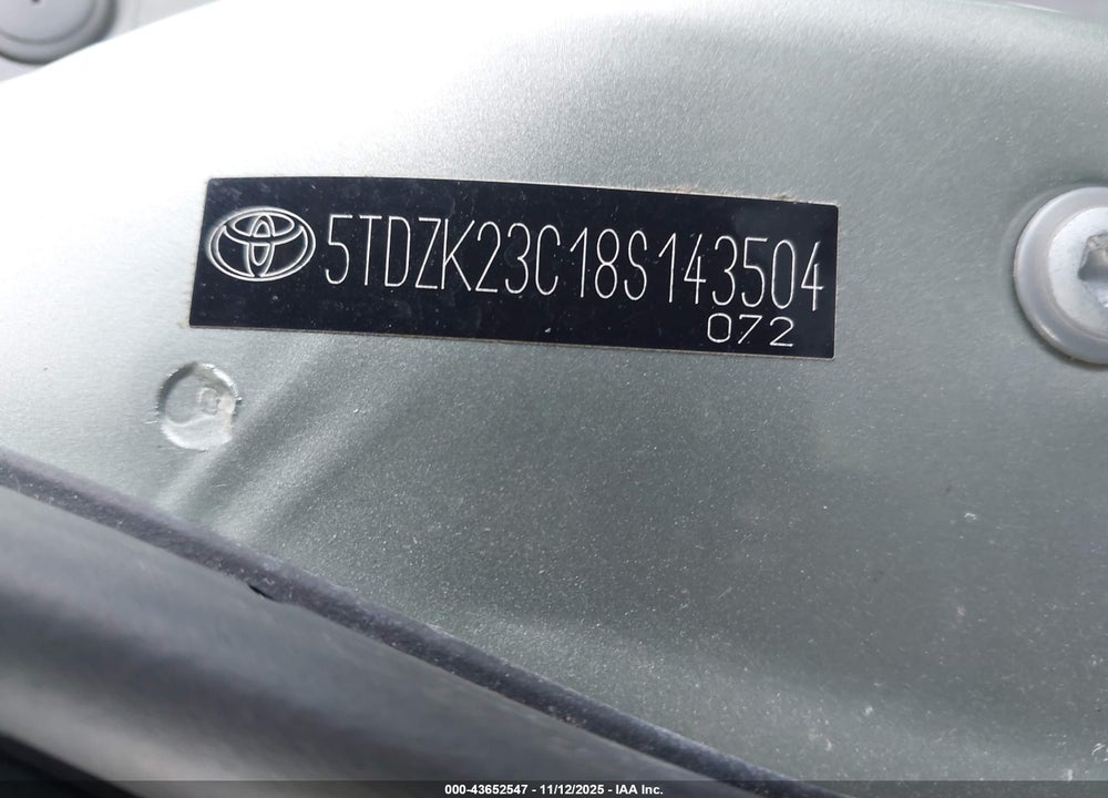 2008 TOYOTA SIENNA CE VIN: 5TDZK23C18S143504