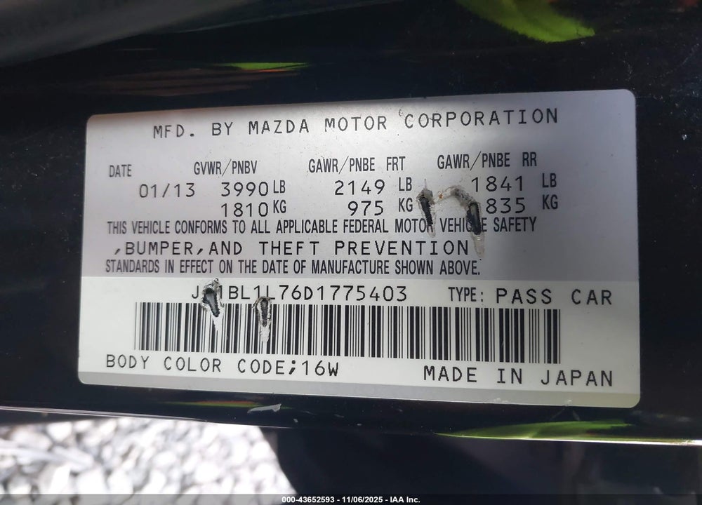 2013 MAZDA 3 I TOURING VIN: JM1BL1L76D1775403